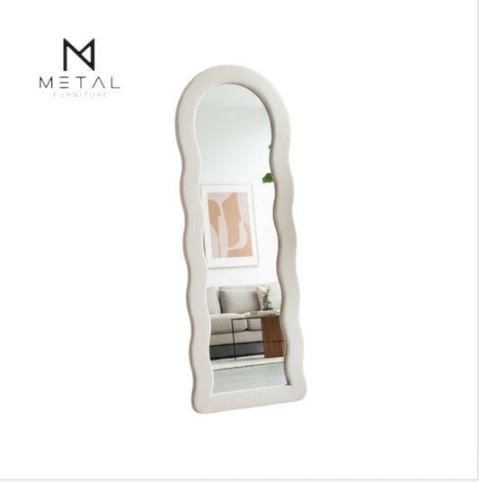 Round Wave Bouclé fabric full-length standing mirror with a stylish frame, showcasing a modern design by Metal Furniture.