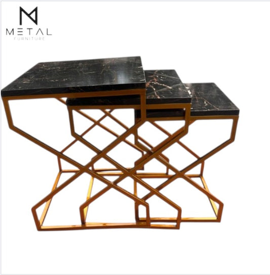 Premium Marble Design Nesting Table Set with Heavy-Duty Golden Steel FrameModern Side Table Set for Everyday Convenience