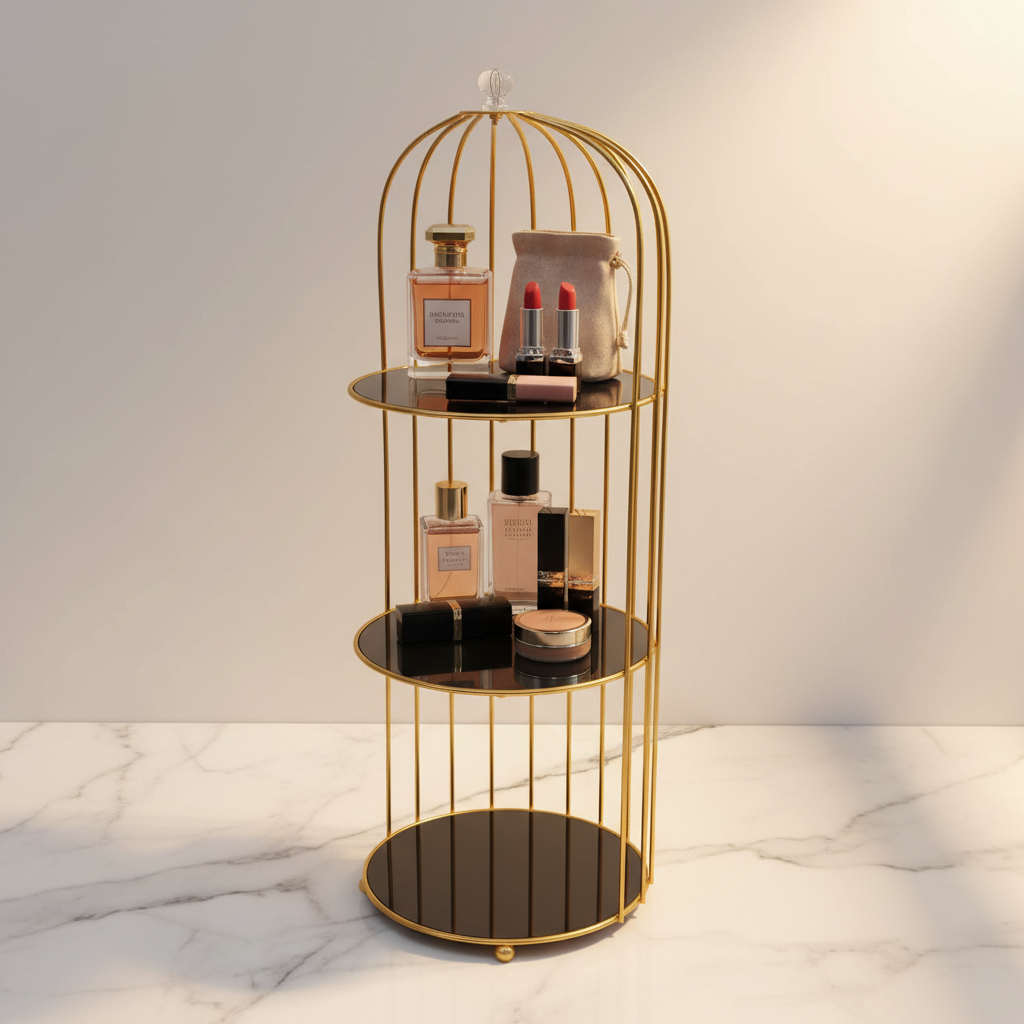 3-Tier Gold Birdcage Makeup Organizer - Marble Surface Luxury Shot