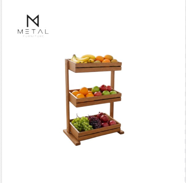 Rustic wooden 3-layer kitchen rack by Metal Furniture with baskets for fruits, snacks, vegetables, and kitchen essentials.