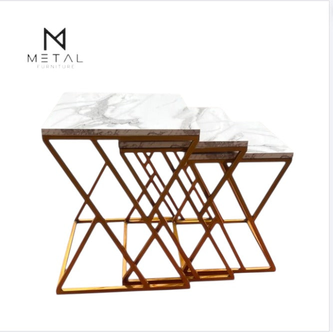 Luxury Modern Marble Top Nesting Table Set with Golden Metal Zigzag Frame – Premium Space-Saving Side Tables for Living Room