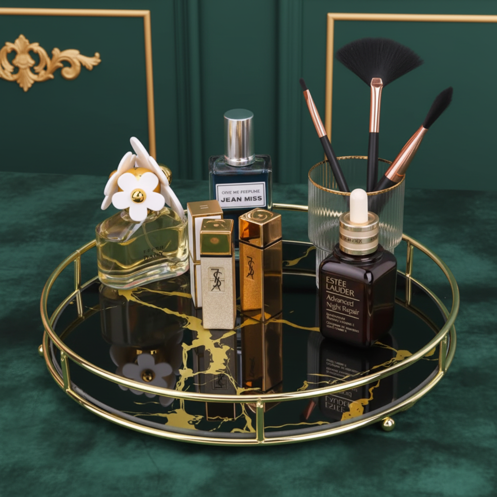 Round black marble gold vanity tray with perfumes and makeup in emerald green setting