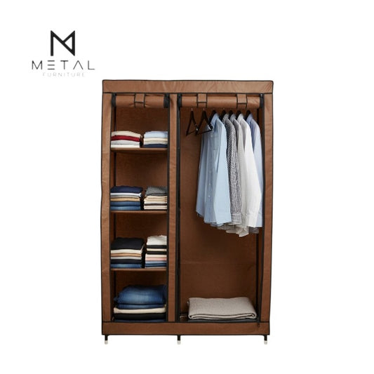 Portable Metal Furniture fabric wardrobe with hanging rail and shelves, foldable double frame cloth closet organizer.