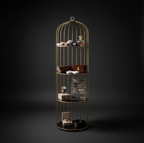 Metal Furniture four-tier gold birdcage makeup organizer for luxury accessories and beauty collections, with multiple compartments.