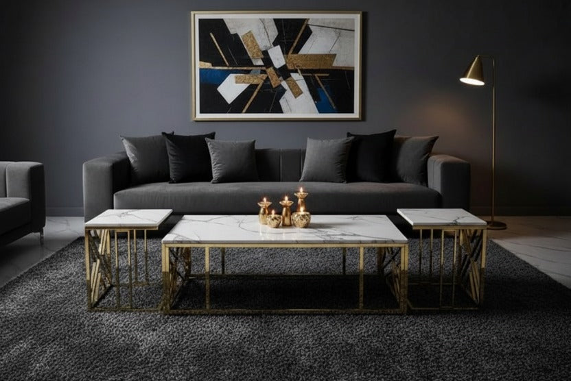 Black Wooden Marble texture Nesting Table Set — Gold Metal Frame