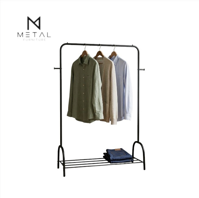 Single Rod Metal Garment Rack with Bottom Storage Shelf – Heavy Duty Free Standing Clothes Drying Stand & Coat Organizer
