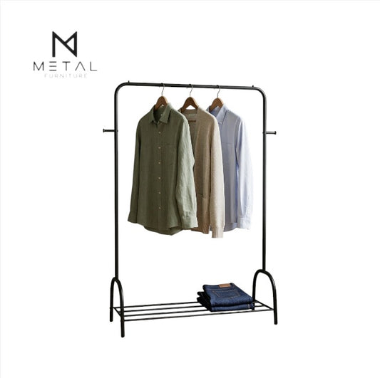 Metal Furniture single metal garment rack with bottom storage shelf, heavy-duty free-standing clothes drying and coat organizer.