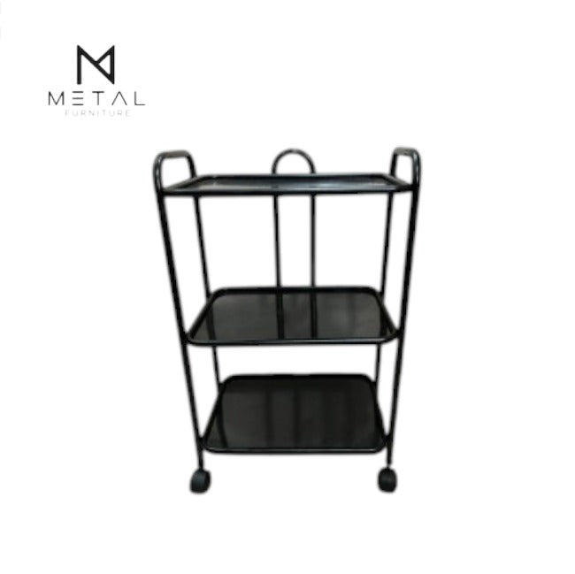 Small metal frame tea trolley with three shelves, ideal for serving tea and displaying beverages in a compact, functional design.
