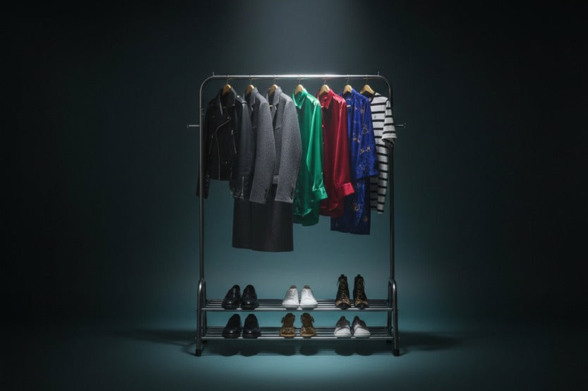 Metal Furniture hanging stand with dual shoe rack and side hooks for organized clothing and footwear storage.