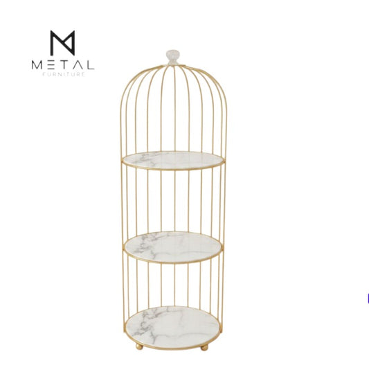 Gold 3-tier birdcage makeup organizer by Metal Furniture for storing luxury perfumes and skincare products.