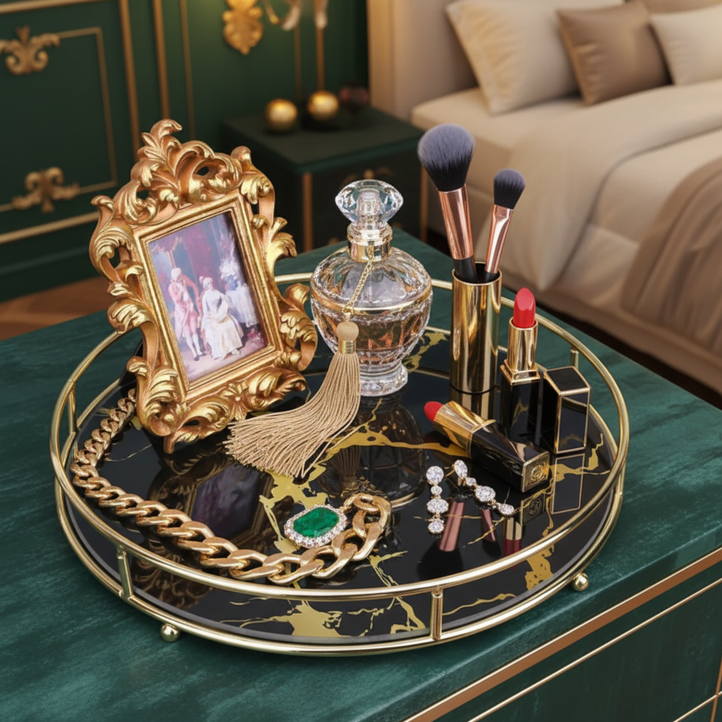 Round black marble gold vanity tray with decor and jewelry in emerald green bedroom setting