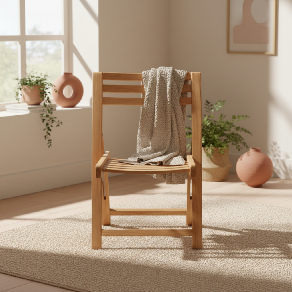 Natural wood folding chair in warm Scandinavian living room setting