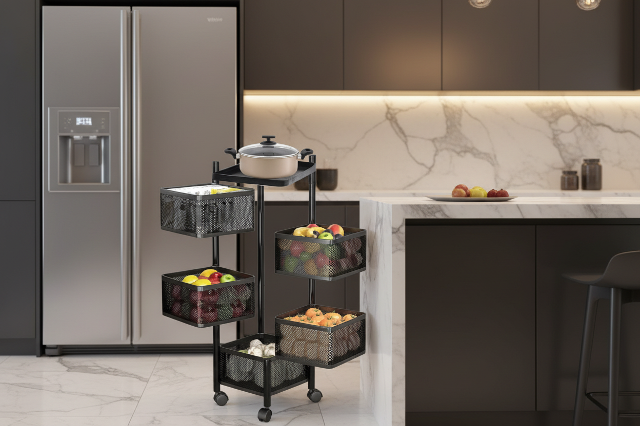 5 Tier Rotating Kitchen Organizer Rack with Wheels in modern kitchen