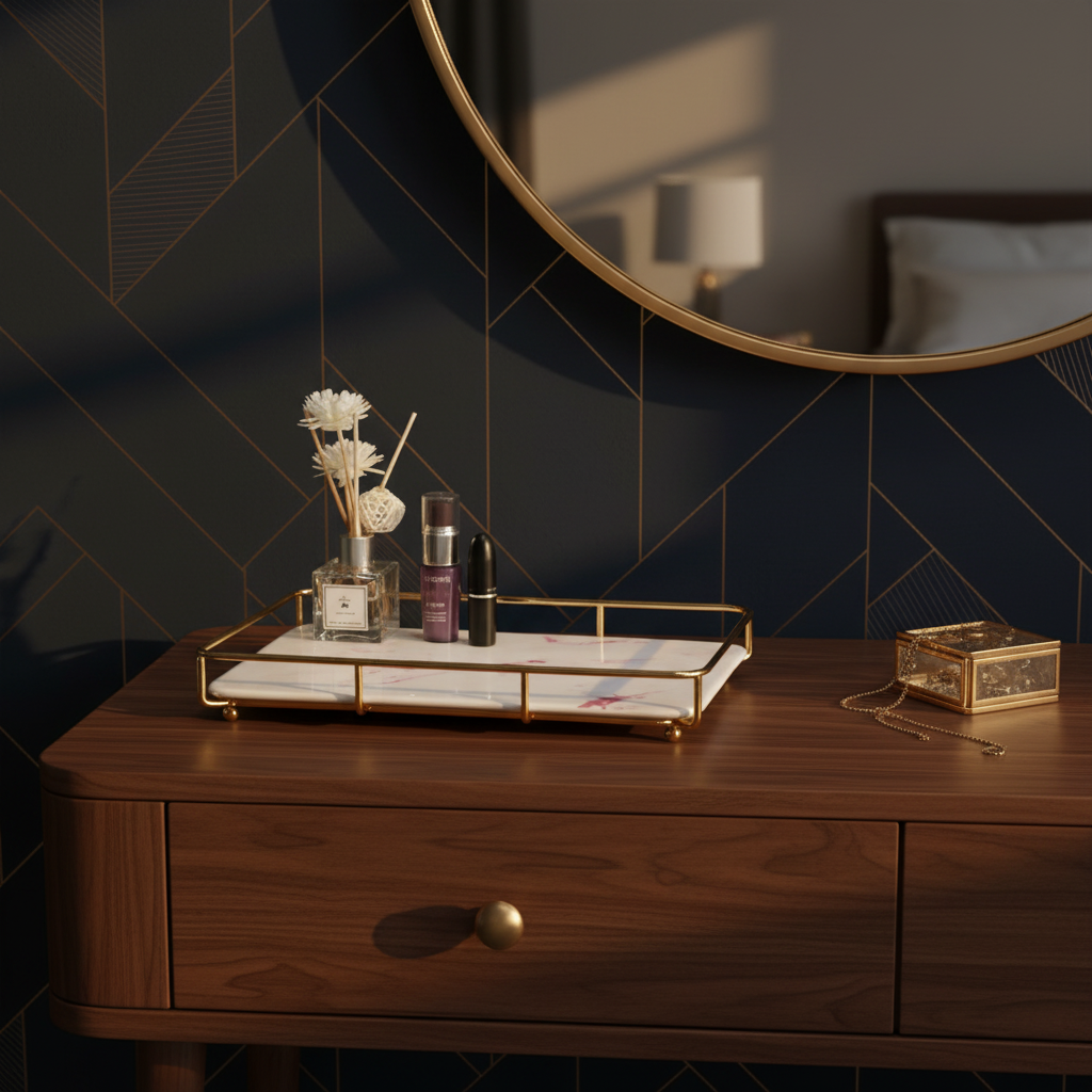 White marble gold metal vanity tray with perfume in dark luxury bedroom setting