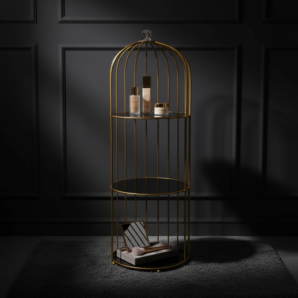 3-Tier Gold Birdcage Makeup Organizer - Moody Luxury Dark Background