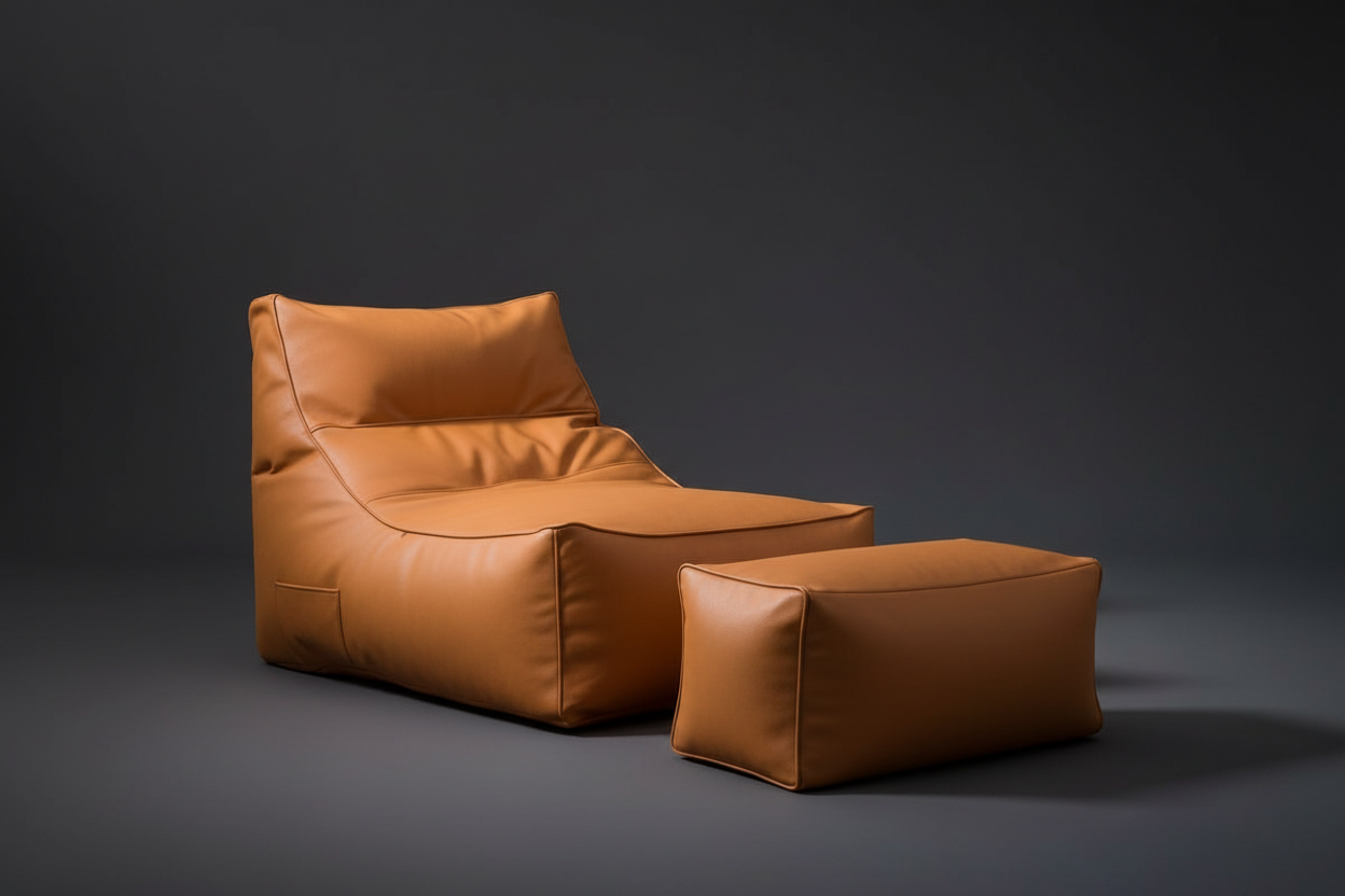 Premium Luxury Brown Leather Bean Bag Chair with Ottoman Footrest – Ergonomic Lounge Sofa Seat for Adults