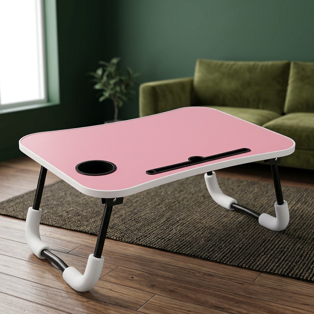 Pink wooden folding laptop table with cup holder from Metal Furniture, placed in a forest-green living room setting.