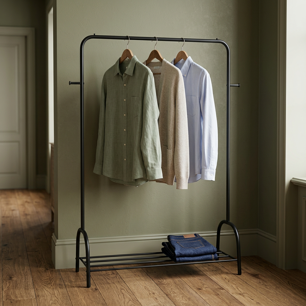 Single Rod Metal Garment Rack with Bottom Storage Shelf – Heavy Duty Free Standing Clothes Drying Stand & Coat Organizer