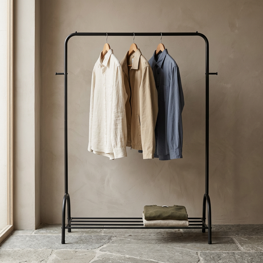 Single Rod Metal Garment Rack with Bottom Storage Shelf – Heavy Duty Free Standing Clothes Drying Stand & Coat Organizer