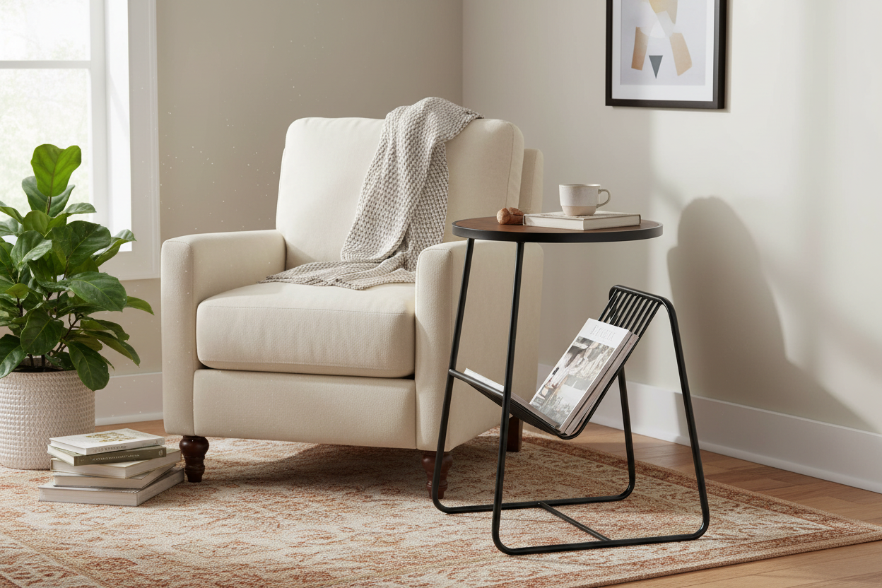 Modern Metal Furniture coffee table with a circular tabletop, ideal for coffee, decorative trays, or small plants in a reading nook.