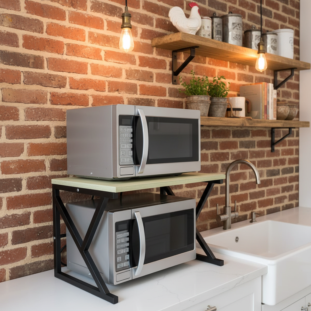 Rustic farmhouse kitchen with Metal Furniture dual oven storage stand and modern oven rack for organized, stylish kitchen storage.
