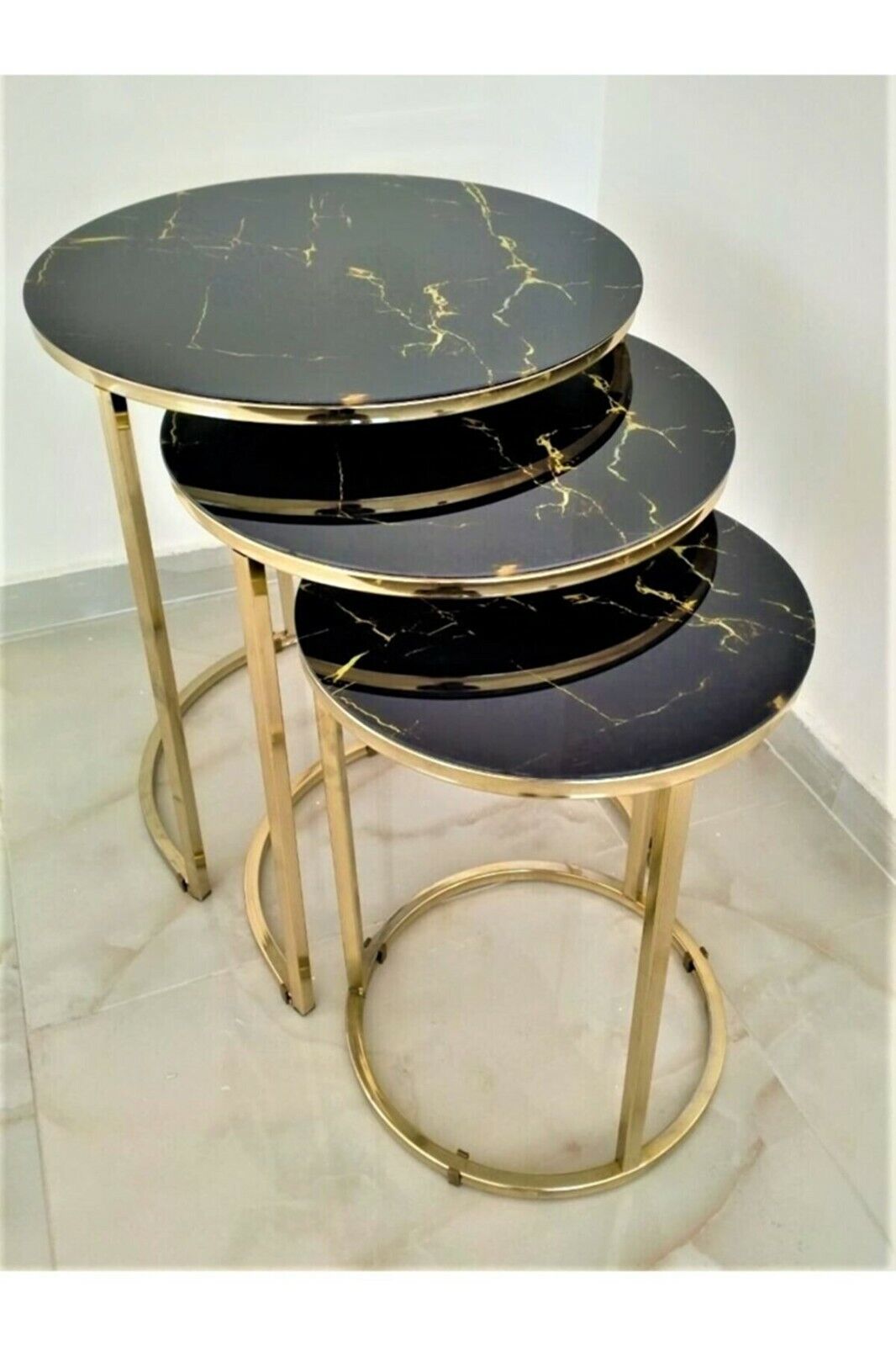 3 Pieces Round Nesting Table Set Gold Paint finish