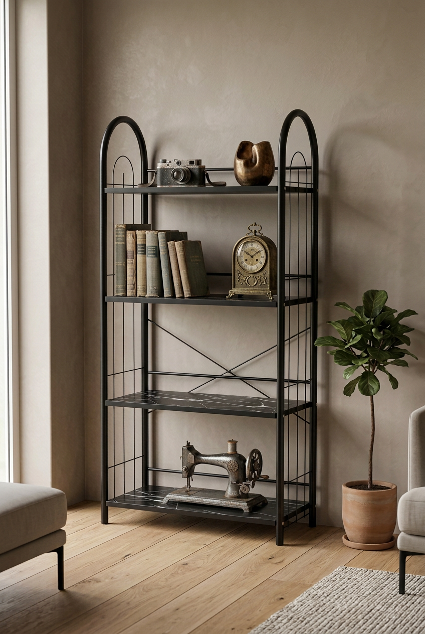 Vintage-style 4-layer metal bookshelf with wooden shelves for books and home décor display, by Metal Furniture.