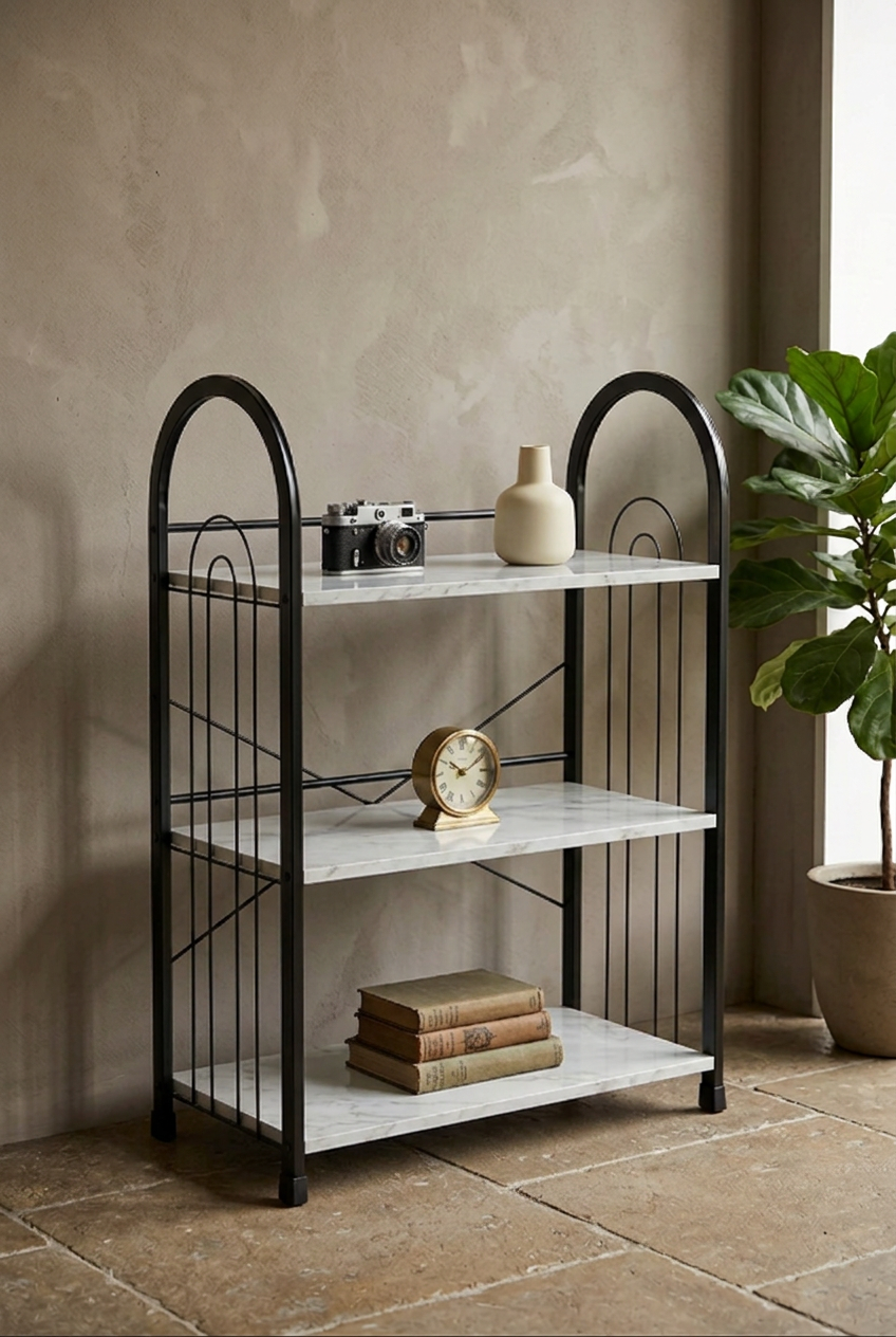 Modern 3-tier bookshelf with white marble-effect wooden shelves and metal frame, ideal for home or office storage.
