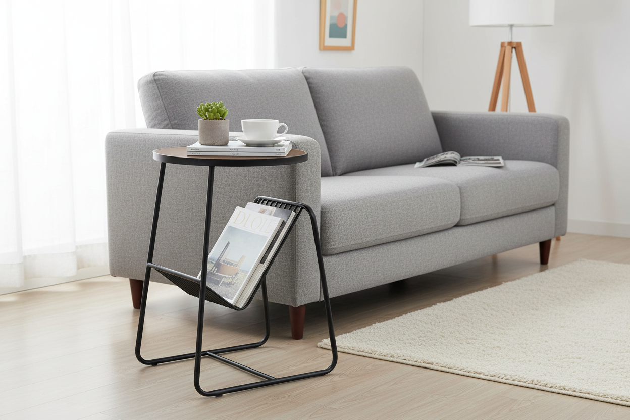 Modern Metal Furniture coffee table with circular tabletop, ideal for coffee, decorative trays, or small plants in a stylish living space.