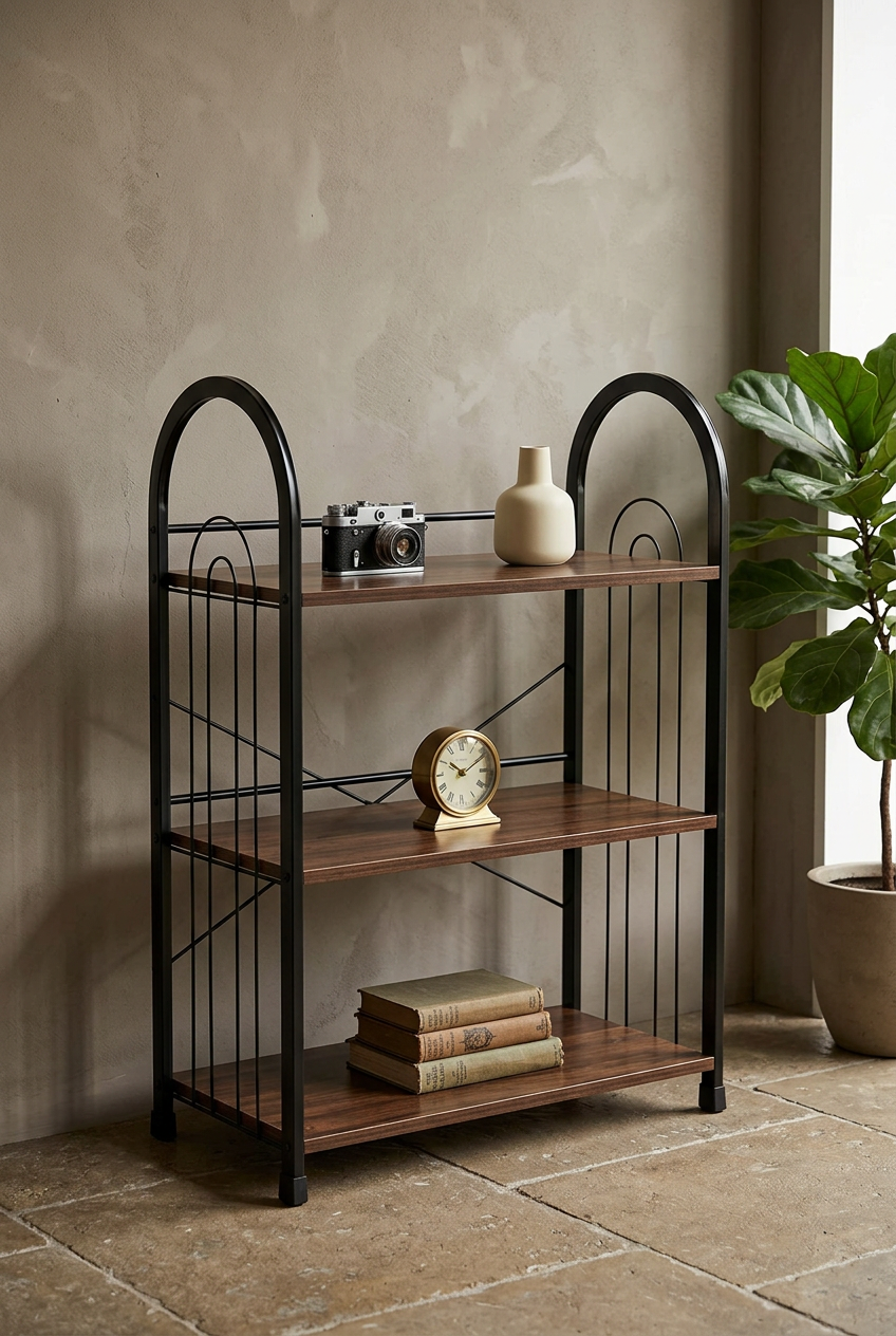 A three-tier metal shelving unit with a black frame and warm brown wood shelves, styled with a camera, ceramic vase, clock, and books against a textured beige wall.