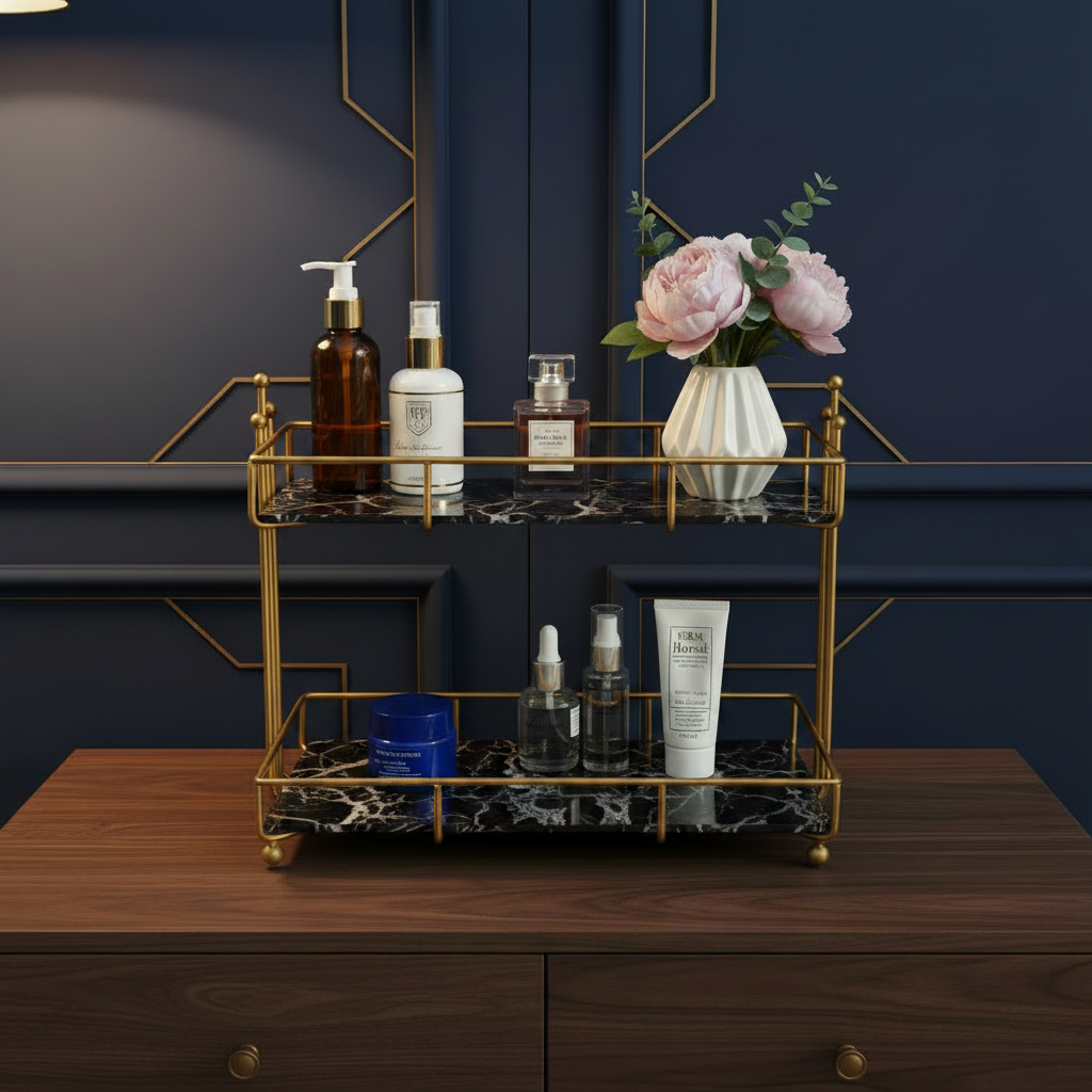 Two-Tier Gold Shelf - Black Marble Texture
