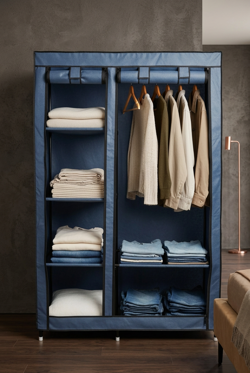 Portable Fabric Wardrobe Closet with Hanging Rail & Shelves – Foldable Double Frame Cloth Organizer Cabinet