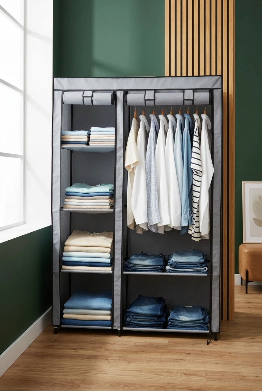 Portable Fabric Wardrobe Closet with Hanging Rail & Shelves – Foldable Double Frame Cloth Organizer Cabinet