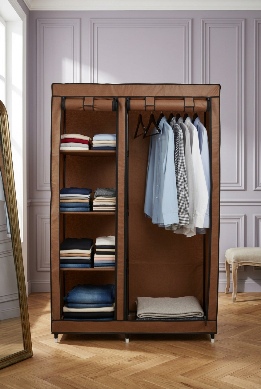 Portable Fabric Wardrobe Closet with Hanging Rail & Shelves – Foldable Double Frame Cloth Organizer Cabinet