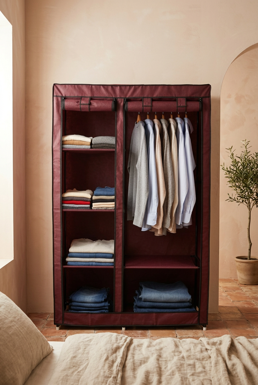 Portable Fabric Wardrobe Closet with Hanging Rail & Shelves – Foldable Double Frame Cloth Organizer Cabinet
