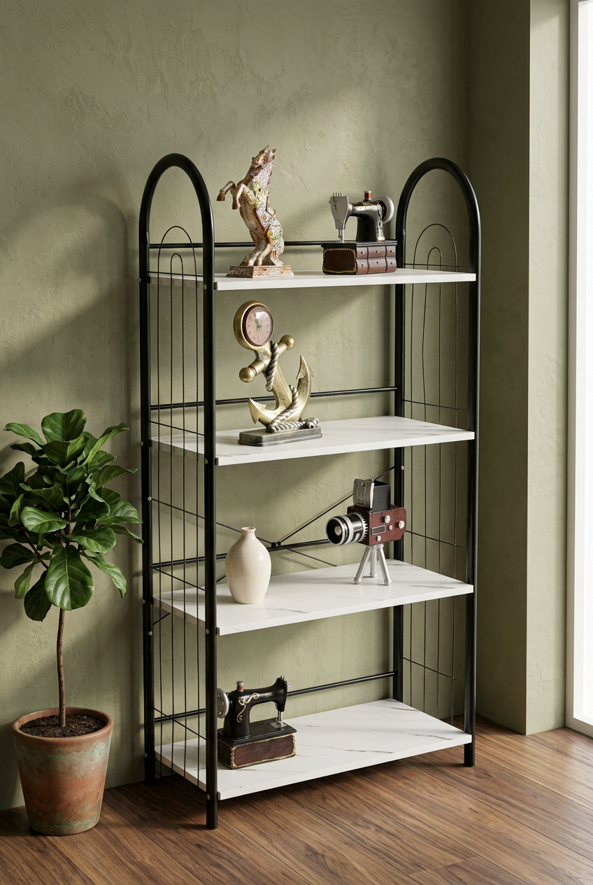 White marble-look 4-layer metal bookshelf with vintage decor in a cozy study, ideal for books and stylish home storage.