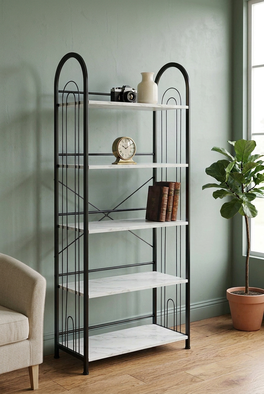 White marble shelving unit with a 5-tier metal and wood finish bookshelf in a sage green interior setting.