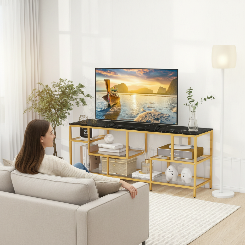 Woman relaxing while watching TV on a luxury gold TV stand with a black marble top, metal console table by Metal Furniture.